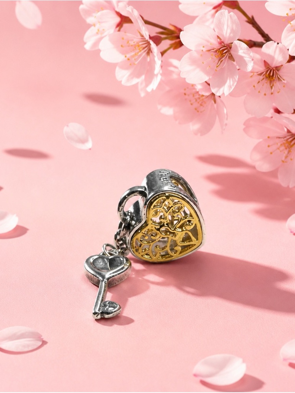 Heart Locket Charm with Key Pendant - Two-Tone Gold & Silver new with out tag